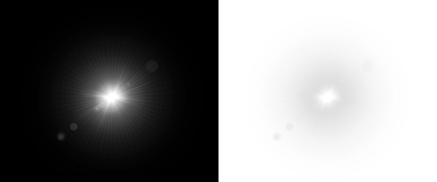 Dynamic bright digital lens flare with prominent starburst effect and subtle light reflections suitable for overlay visuals on transparent background.&nbsp;