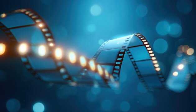 Shiny Filmstrip And Flashing Lights Movie Premiere Template On Blue Background For An Exciting Cinema Experience