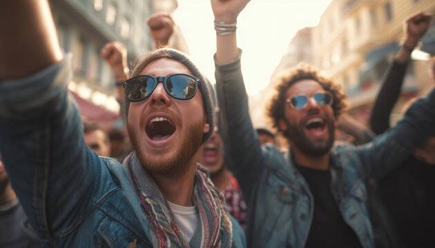 Joyful Soccer Supporters Celebrate Team Win As They Walk Through The Streets In Euphoria And Excitement.