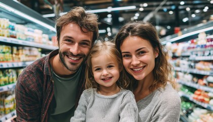 Fototapeta premium Joyful Parents And Their Young Daughter Shopping In Supermarket And Smiling At The Camera. Enthusiastic Family Enjoys Grocery Shopping Together. Smiling Faces All Around.