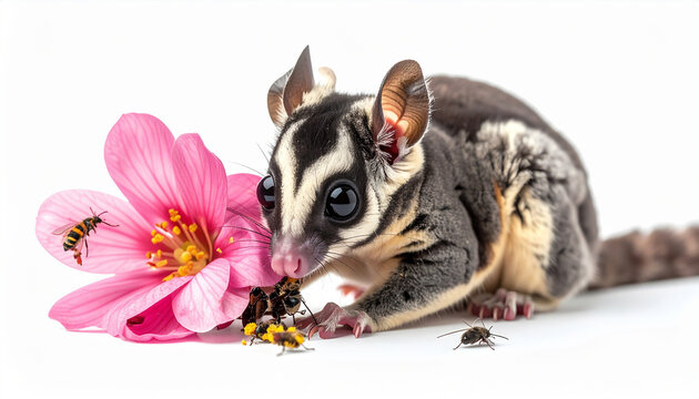 Sugar glider eating pollen and nectar from pink flower blossoms with insect pollinators in a studio setting on white background