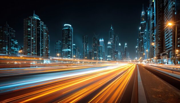 Long Exposure Photograph Capturing The Motion Of Cars On A Nighttime Road In The Modern City Of Dubai. The Image Showcases The Dynamic Cityscape.