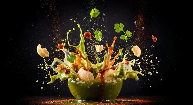 Vibrant green bowl overflowing with colorful sauce splashes and spices