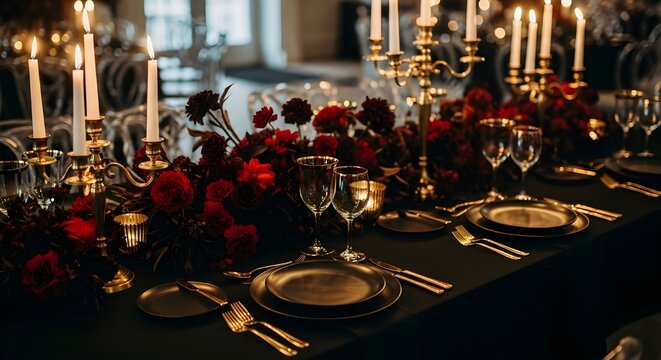 Elegant dinner table setting with red flowers and candles