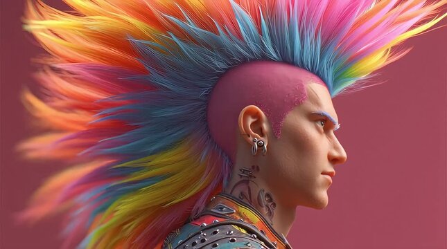 3D Animation Anime Punk Man Side View with Rainbow Mohawk Hair and Pink Background