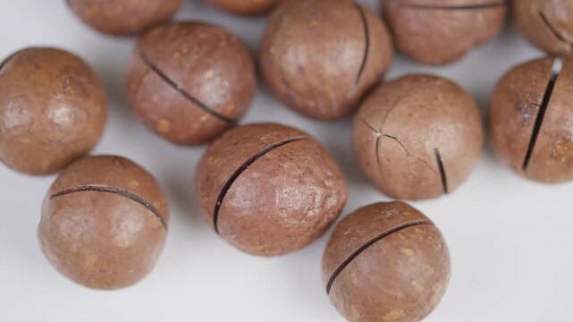 Macadamia nuts detailed. Closeup of cracked macadamia shells. Artisan macadamia nuts on white surface display. Gourmet bakery scene with beautifully cracked macadamia shells