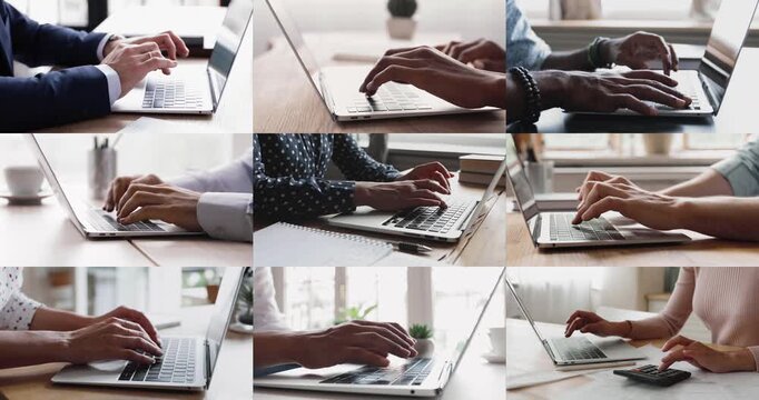 Hands of young businesspeople typing on laptop keyboards side view. Text creator, accountant, office employee writing report, article at computer, working on tasks. Cropped shots multiple collage