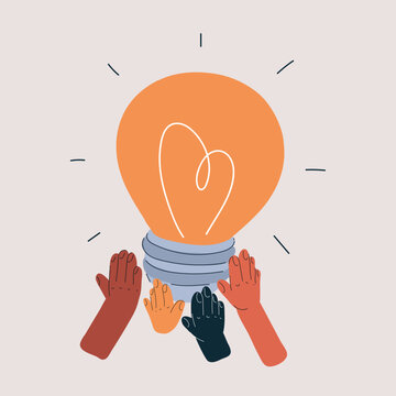 Cartoon vector illustration of people holding a glowing light bulb with their hands, teamwork and idea concept