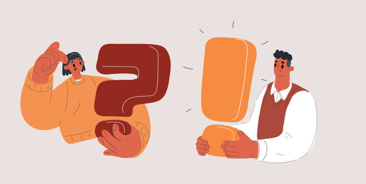 Cartoon vector illustration of people holding question and exclamation marks, curiosity and surprise concept