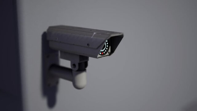 Modern Outdoor Cctv Security Camera Mounted On Building Wall With Blurred City Background