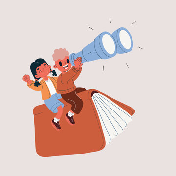 Cartoon vector illustration of a boy and girl flying on a giant book with a telescope, adventure and imagination concept