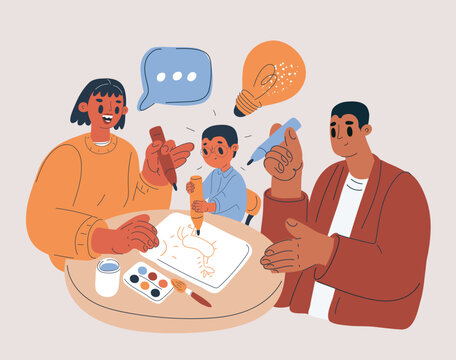 Cartoon vector illustration of a family with a son drawing a picture at the table, creativity and bonding concept