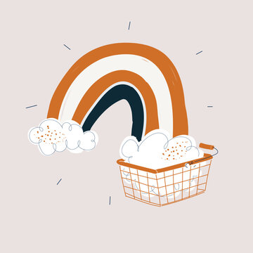 Cartoon vector illustration of a shopping basket filled with a rainbow, symbolizing diversity, happiness, or colorful groceries