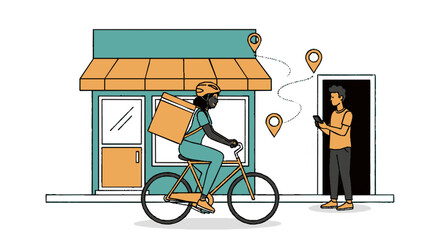 Fototapeta premium Delivery person on bicycle with package approaching customer standing in shop doorway using smartphone with location pins
