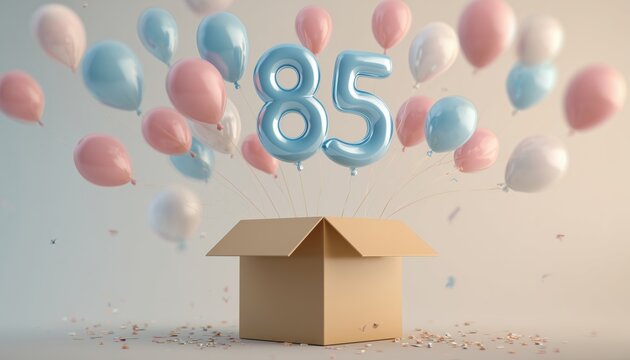 85th Birthday Celebration: Unboxing Gifts With Flying Balloons Featuring The Numbers Three And Eight. Anniversary Celebration For Adults.
