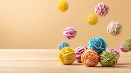 Fototapeta premium Colorful Yarn Balls Tumbling on Wooden Surface
