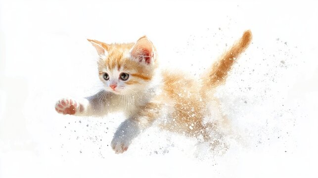 Playful ginger kitten leaping in watercolor