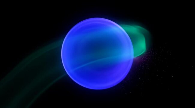 Abstract blue glowing orb surrounded by green smoke and dark particles on black