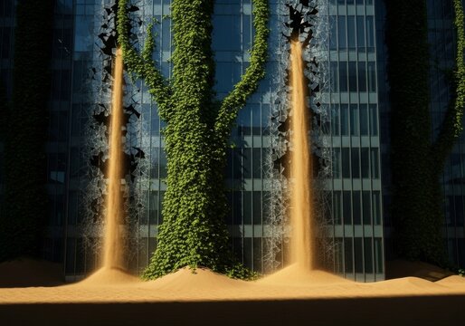 Sand pouring into broken windows of an abandoned skyscraper covered with green ivy vines. Climate change and desertification concept for environmental awareness.