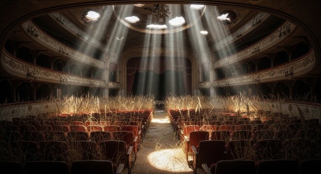 Abandoned theatre auditorium with overgrown dry grass on the seats. Concept of decay, neglect, lost glory, or nature reclaiming man-made structures.