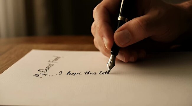 Close up view of a hand writing a letter with a fountain pen