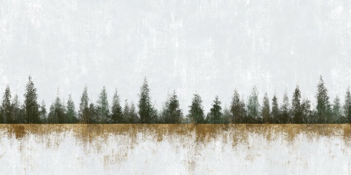 Minimalist forest silhouette overlays a textured golden ground plane against a pale background