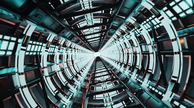 Futuristic Sci Fi Spaceship Corridor With Neon Lights And Metallic Symmetrical Architecture