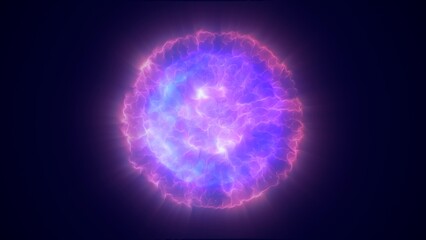 Blue energy glowing sphere futuristic atom from electric magic particles and energy waves background © Bolbik