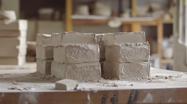 Clay blocks stacked on table in pottery workshop