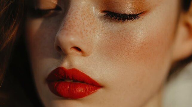 Freckled face with red lipstick close up