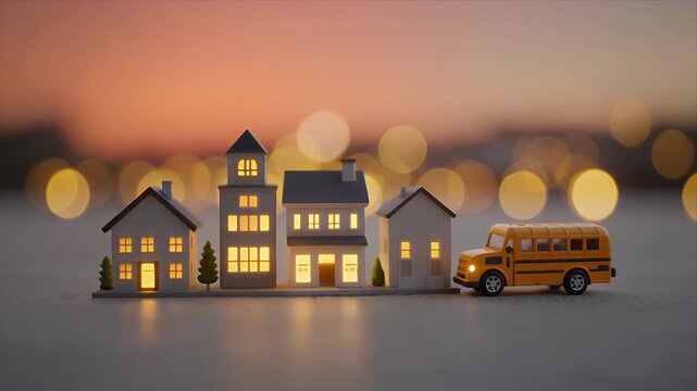 Miniature house and school bus on gray surface with bokeh lights