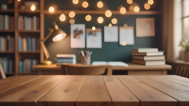 Cozy wooden desk in modern home office with warm lighting