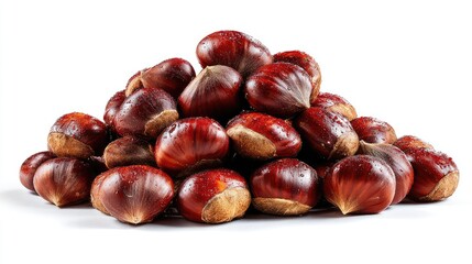 Obraz premium Pile of fresh chestnuts isolated on white background for culinary and design uses