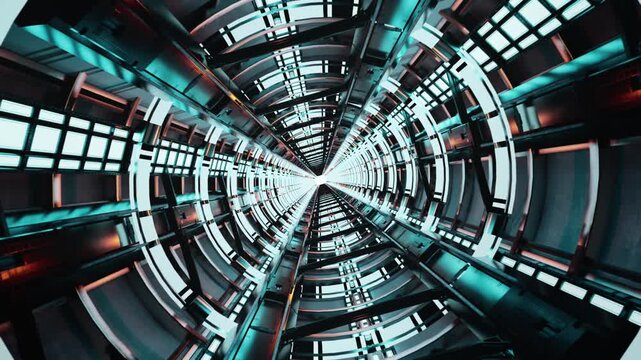 Futuristic Sci Fi Spaceship Corridor With Neon Lights And Metallic Symmetrical Architecture