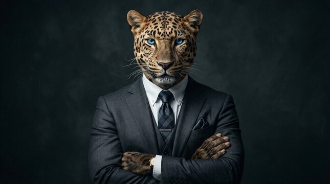 jaguar head man, surreal animal portrait, leopard suit man, creative digital art, human animal hybrid, stylish business suit, wild cat face, anthropomorphic animal art, formal wear portrait, surrealis