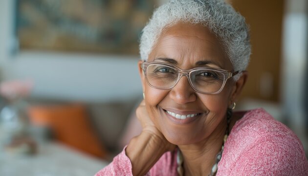 Close-Up Portrait Of Smiling Senior African American Woman In Glasses Enjoying Family Time At Home. Cherishing Life Together.
