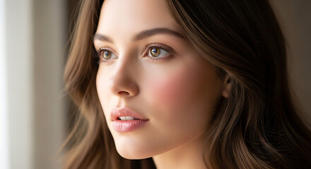 Obraz premium Close Up Portrait of Woman with Long Brown Hair