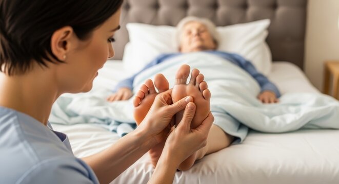 Woman nurse caregiver giving a foot massage to an elderly woman patient in bed. Healthcare and elder care concept for senior medical support.