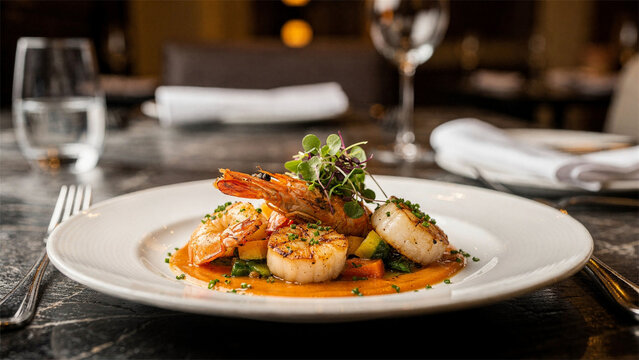 Elegant plated seafood entree on restaurant table with warm lighting