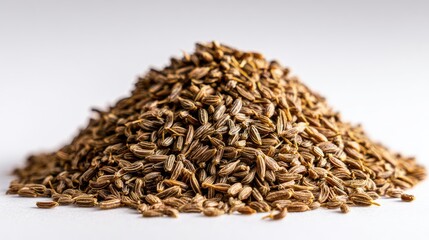 Pile of aromatic cumin seeds isolated on a clean white background