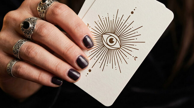 Hand with mystical rings holding a single oracle card with sun design