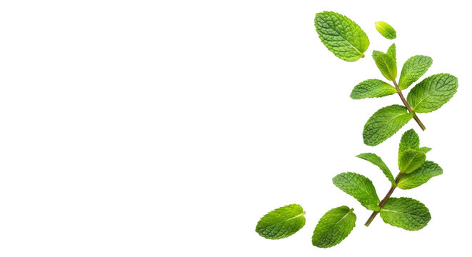 Fresh vibrant green mint sprigs and leaves with delicate water droplets and detailed veins, against a transparent background, top-down flat lay, concept of invigorating freshness