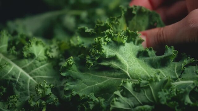Macro shot of female hand touching fresh curly kale leaves. Cinematic selective focus with beautiful blurred background. Slow motion, organic texture, healthy lifestyle and superfood concept.