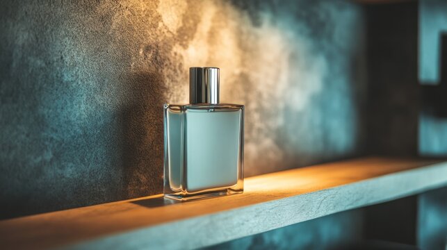 Glass perfume bottle on shelf with warm light