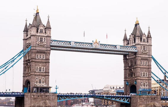 Tower Bridge, a famous bascule and suspension bridge, connecting the banks of the River Thames in London
