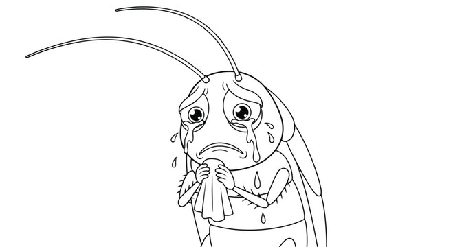 Emotional cockroach character crying into a tissue with large tears falling for coloring book activities.