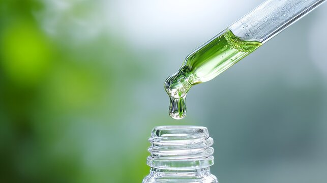 Green Liquid Dropper Over Glass Bottle Close-Up