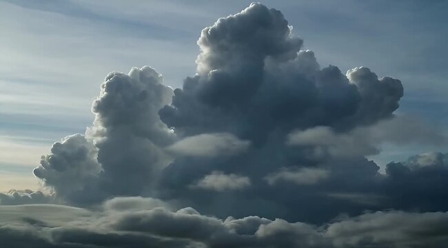 Dramatic cumulus clouds illuminated by sunlight against a blue sky, evoking a sense of awe and the power of nature.