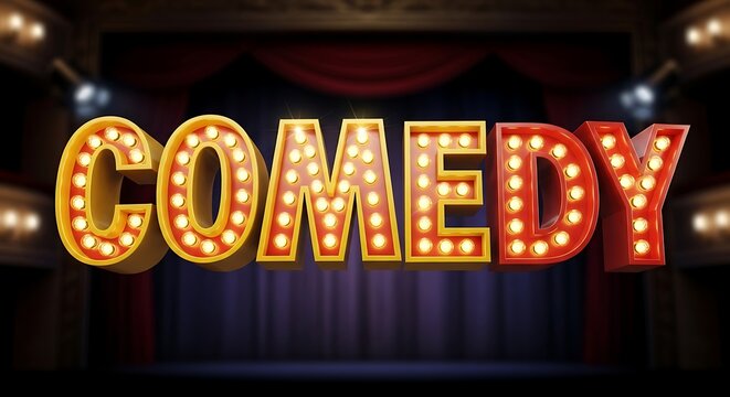 Vibrant comedy sign shining bright on dark theater stage