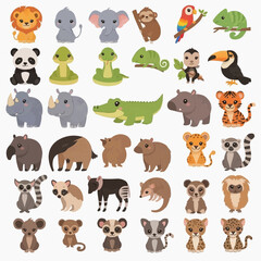 Fototapeta premium A colorful collection of cartoon animals in a flat vector illustration style